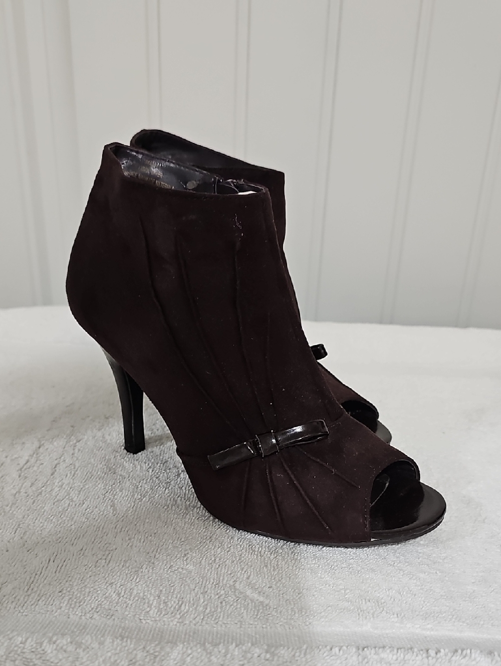 Women’s Black Suede Peep-Toe Heeled Booties
